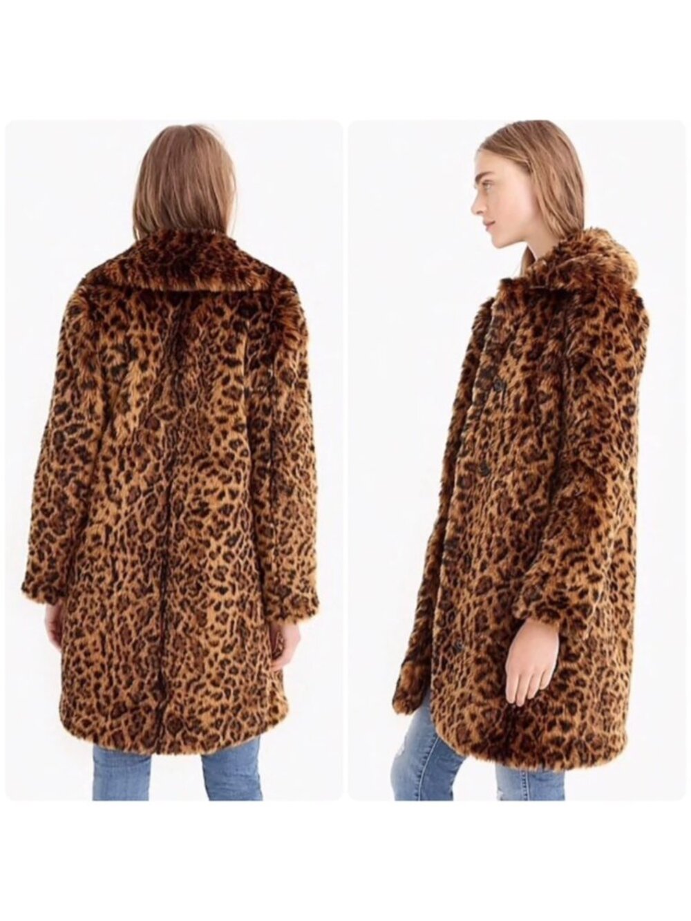 JCrew Faux Fur Leopard Coat Womens XS Brown Animal Print Mob Wife Y2K Evening